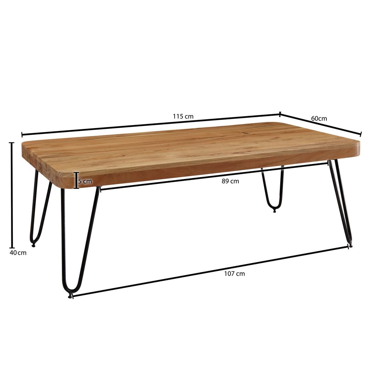 COUCHTISCH BAGLI aus Massivholz mit Design Metallbeinen im Landhaus-Stil, Akazie 60x115x40 cm - Schwarz/Akaziefarben, Holz/Metall (115/60/40cm) - KADIMA DESIGN