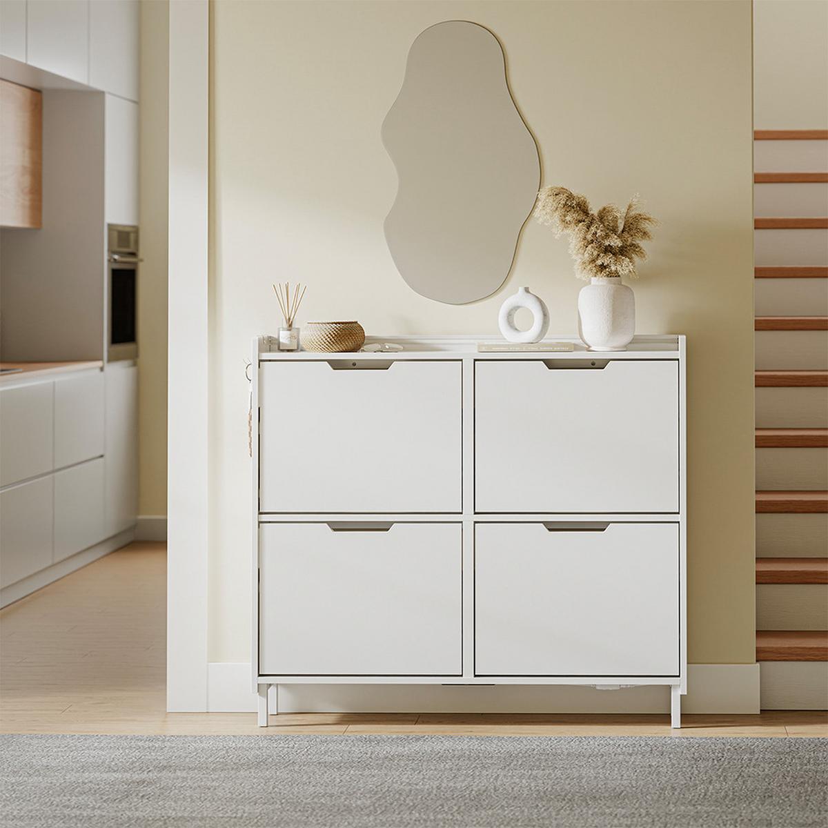 SCHUHSCHRANK 4 Türen Weiß 100x19x93cm Modern - Weiß, Holzwerkstoff (19/93/100cm) - SoBuy