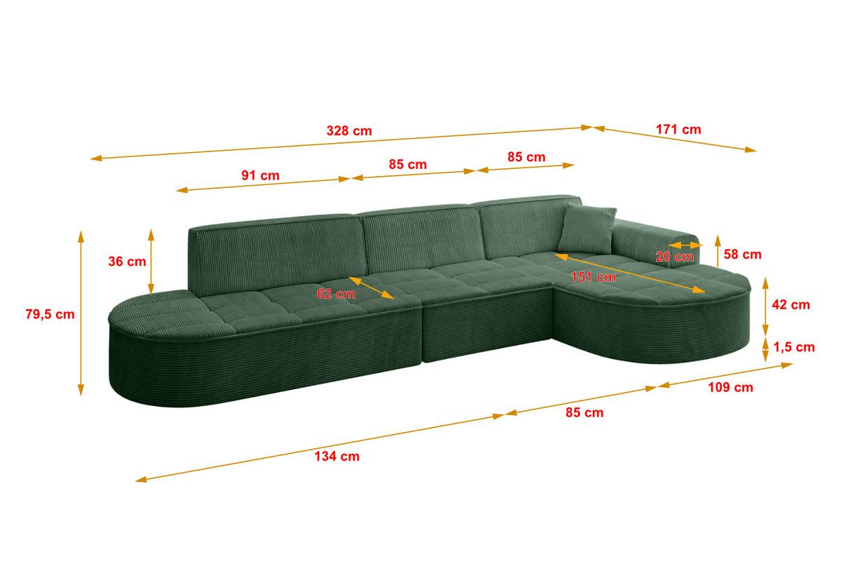 ECKSOFA Ottomane Rechts TARO-L2 - 328x171x79,5 cm Grün - Grün, Holzwerkstoff/Textil (328/171cm) - ALTDECOR