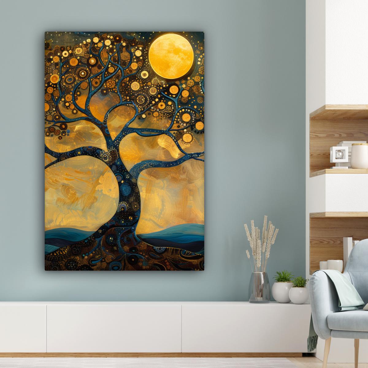 LEINWANDBILD Baum - Mond - Blumen - Gold - Kunst Deko XXL 80x120 cm - Orange, Textil (80/120cm) - MuchoWow