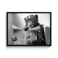 POSTER MIT RAHMENGERAHMTES BILD Affe - WC - Zeitung - Schwarz-Weiß - Humor 80x60 cm - Hellgrau, Papier (80/60cm) - MuchoWow