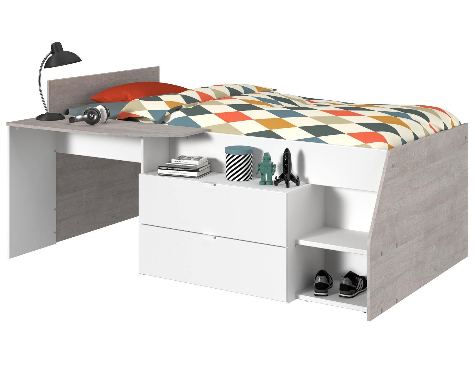 HOCHBETT Jugendzimmer Bett 90 x 200 cm 2x Schubkasten, Stauraum - Weiß/Grau, Holz/Holzwerkstoff (90/200cm) - Parisot Meuble