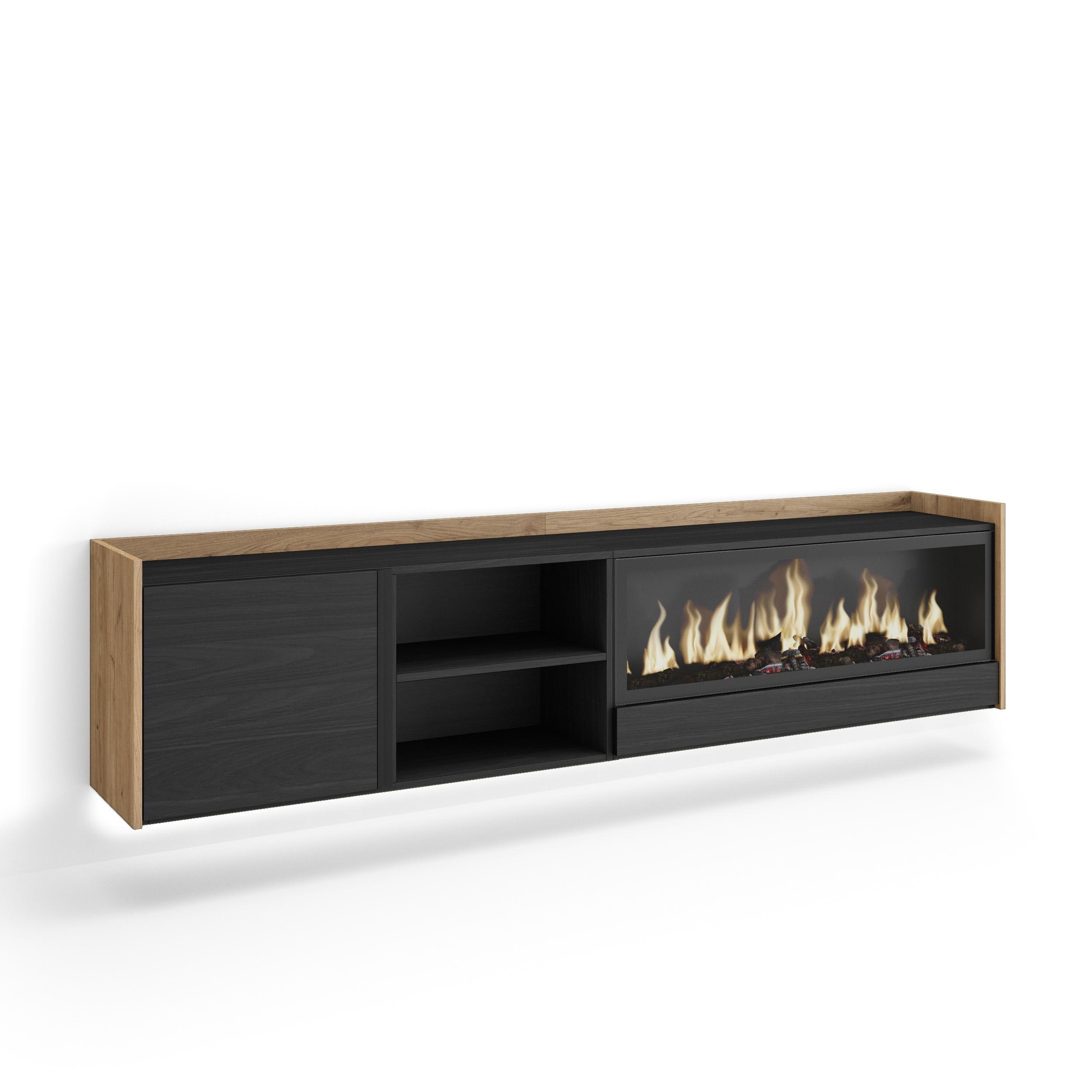 LOWBOARD, Schwarz und Eiche, 212/35/50cm, Kamin mit Feuereffekt XXL - Schwarz, Holzwerkstoff (212/50/35cm) - Skraut Home