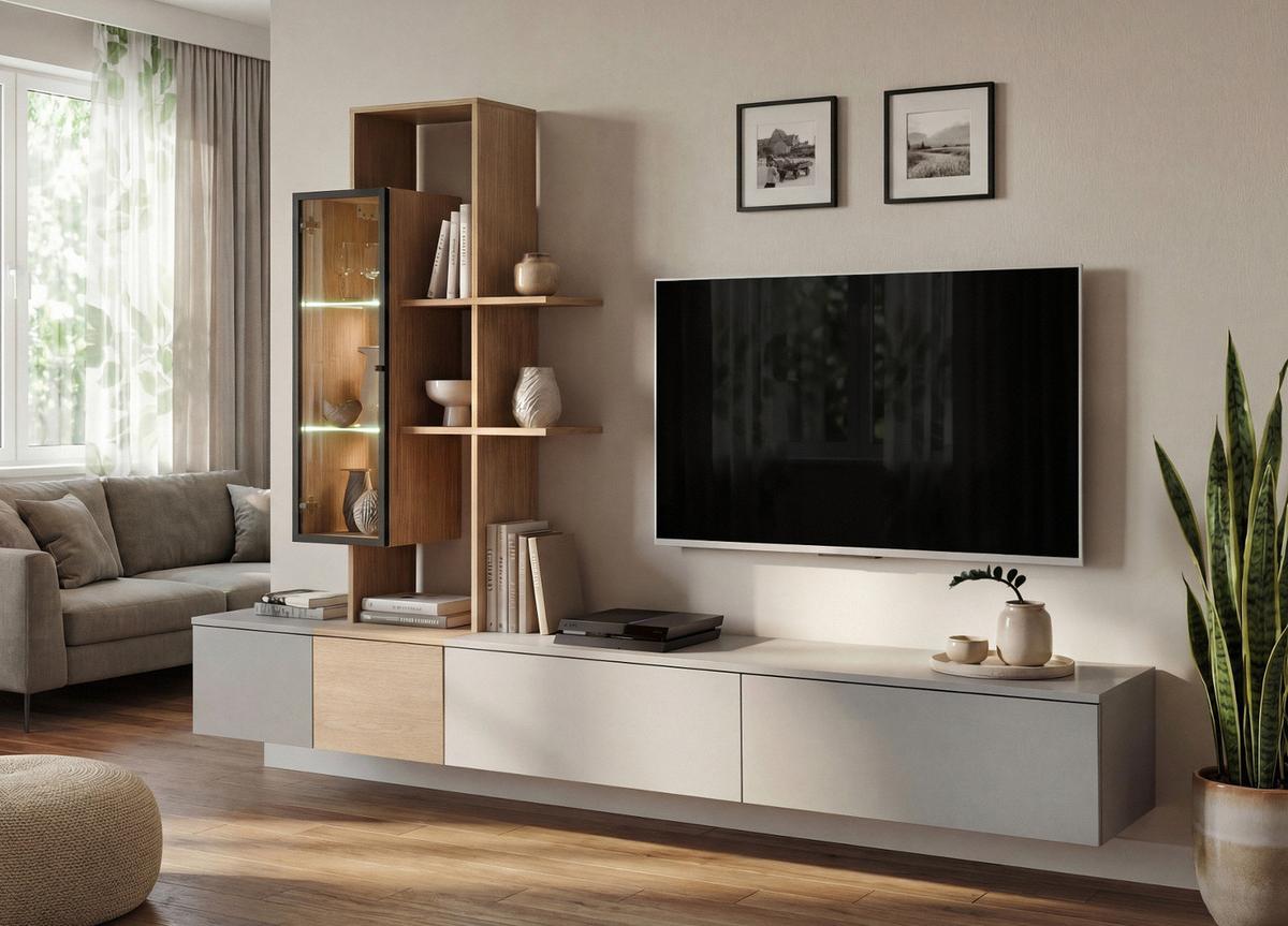 WOHNWAND Arktis-Grau, Cremona Eiche hängend 240 cm, Schrankwand mit LED und Push-to-Open - Eichefarben/Hellgrau, Glas/Holzwerkstoff (240/160/40cm) - Inn.Furn