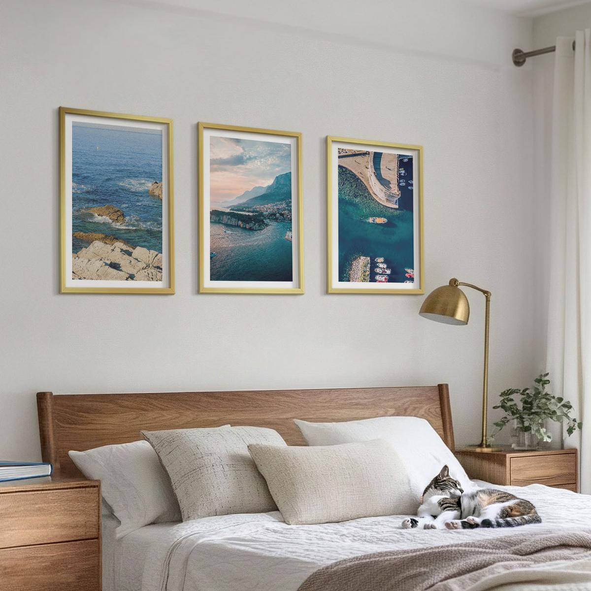 BILDER SET 3er Set - 40x60 cm Goldrahmen - Meerblick, Klippen, Häfen - Goldfarben, Kunststoff (40/60cm) - TULUP