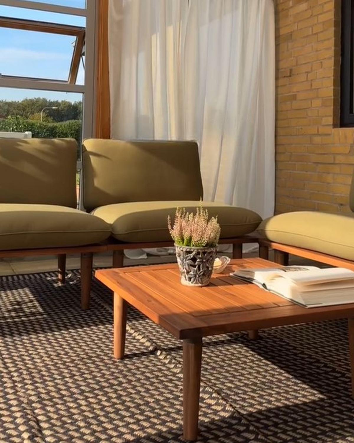4-SITZER LOUNGE SET zertifiziertes Akazienholz hellbraun modular Auflagen olivgrün Frascati - Hellbraun/Grün, Holz - Beliani