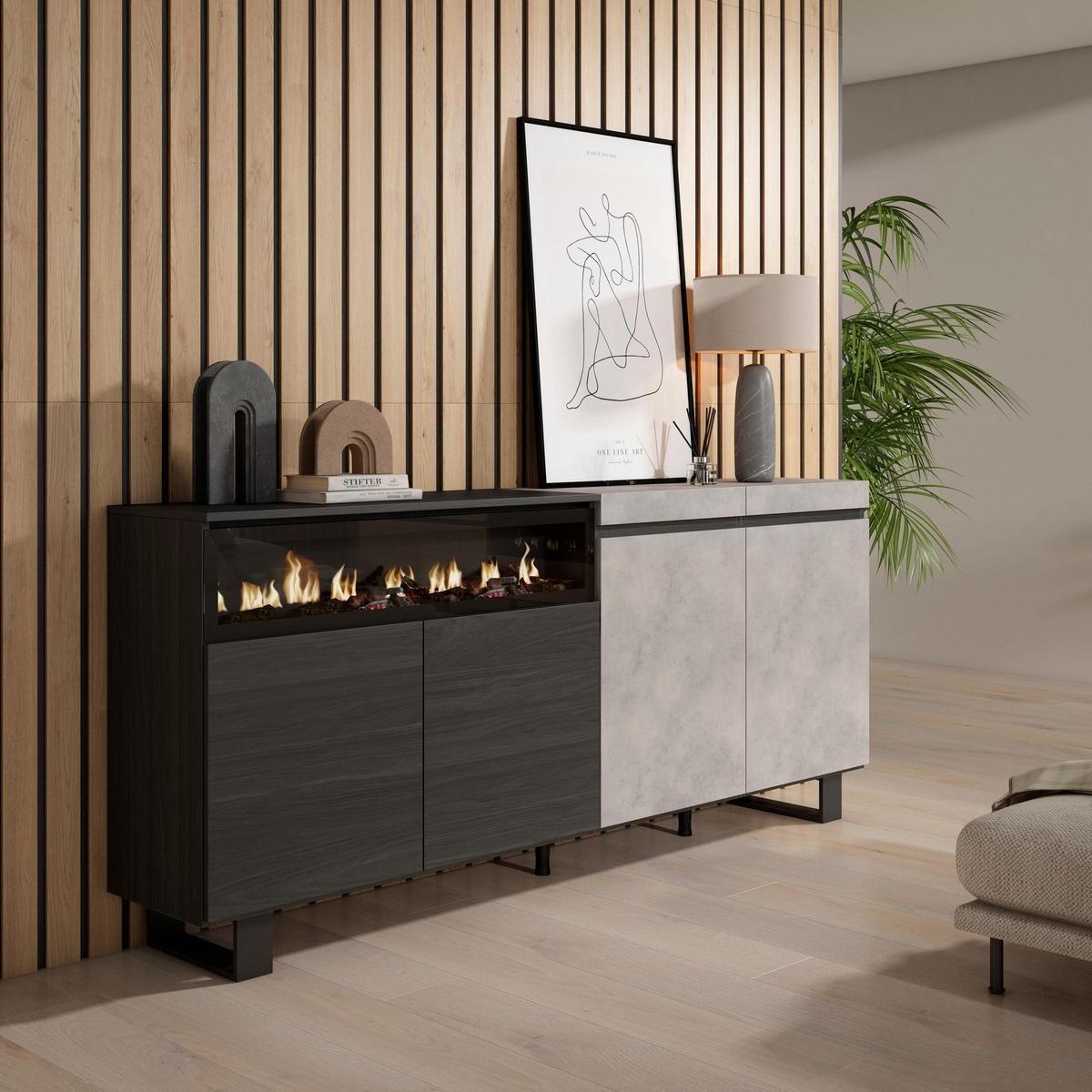 SIDEBOARD Elektrokamin, zementgrau, 200/35/87cm - Robinienfarben/Grau, Holzwerkstoff (200/87/35cm) - Skraut Home
