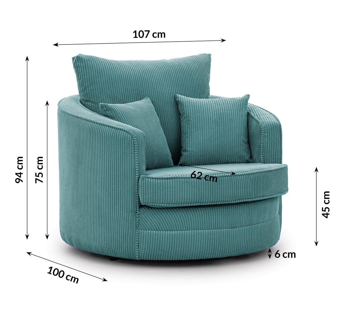 DREHSESSEL Ted aus Türkis Cord-Stoff - Türkis/Schwarz, Holz/Textil (107/94/100cm) - S-Style Möbel