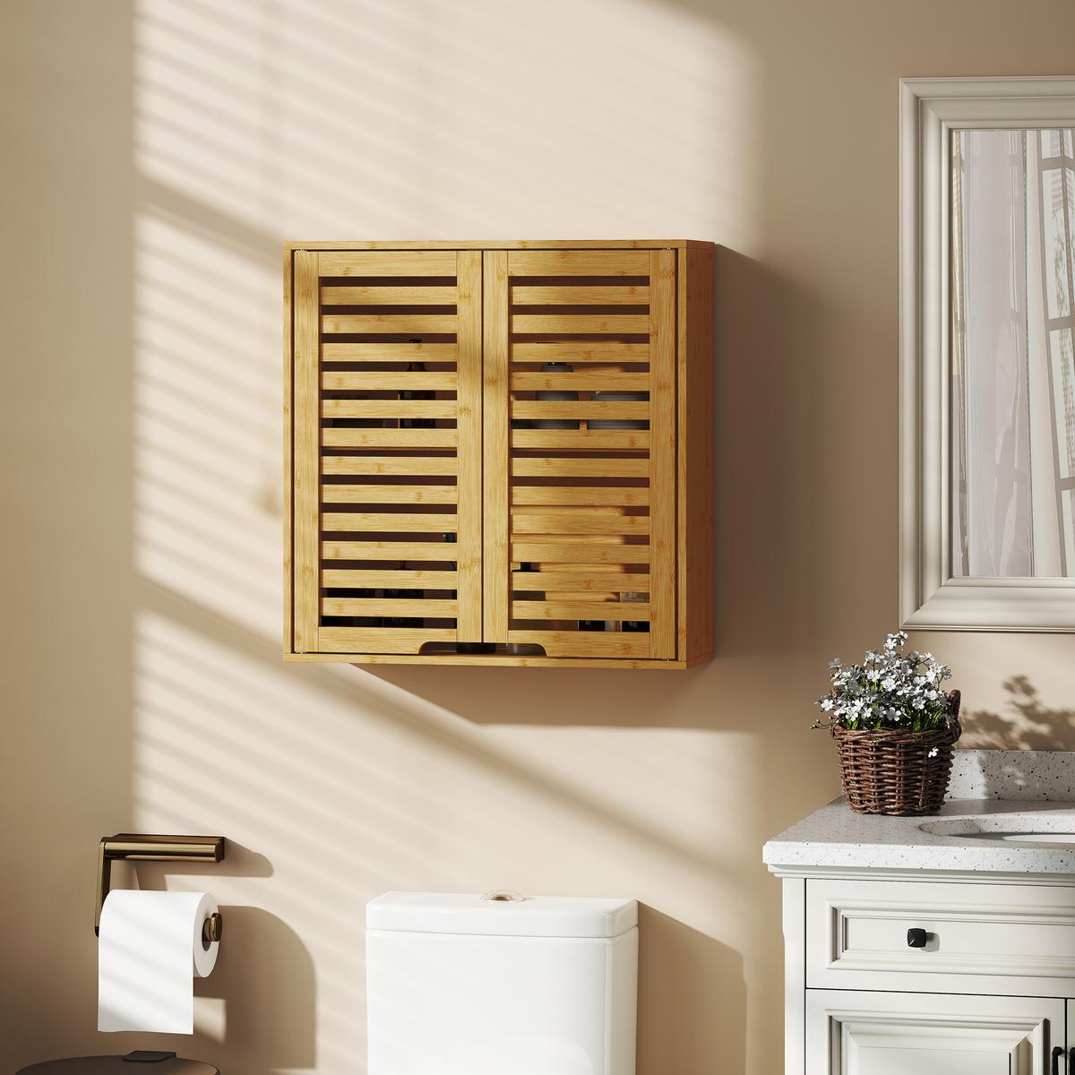 BADEZIMMERSCHRANK Wandschrank aus Bambus mit atmungsaktiven Lamellentüren Natur - Naturfarben, Naturmaterialien (20/60/60cm) - HOMCOM