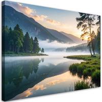 LEINWANDBILD Aussicht See Wald im Nebel 90x60cm - Blau, Textil (90/60cm) - Feeby