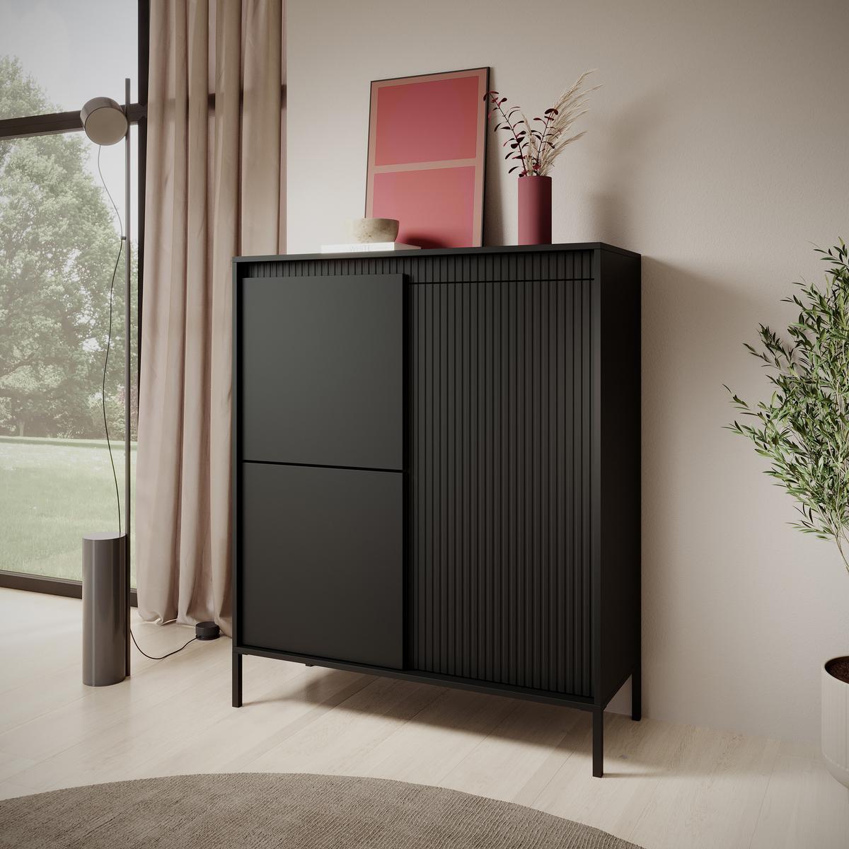 HIGHBOARD SENSATO 104/123/40 cm mit 3 Türen Schwarz - Schwarz, Holzwerkstoff (104/123/40cm) - MASSENO