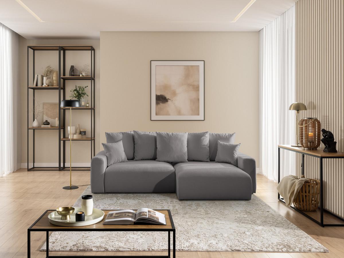 ECKSOFA Calma mit Schlaffunktion und Bettkasten im Bumpy-Design aus weichem Taupe Webstoff - Ottomane rechts - Taupe/Schwarz, Holz/Kunststoff (140/239cm) - S-Style