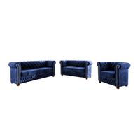 SITZGARNITUR 3+2+1 Chesterfield Lauren Marineblau Samt - Dunkelblau/Braun, Holz/Textil (203/72/86cm) - S-Style Möbel
