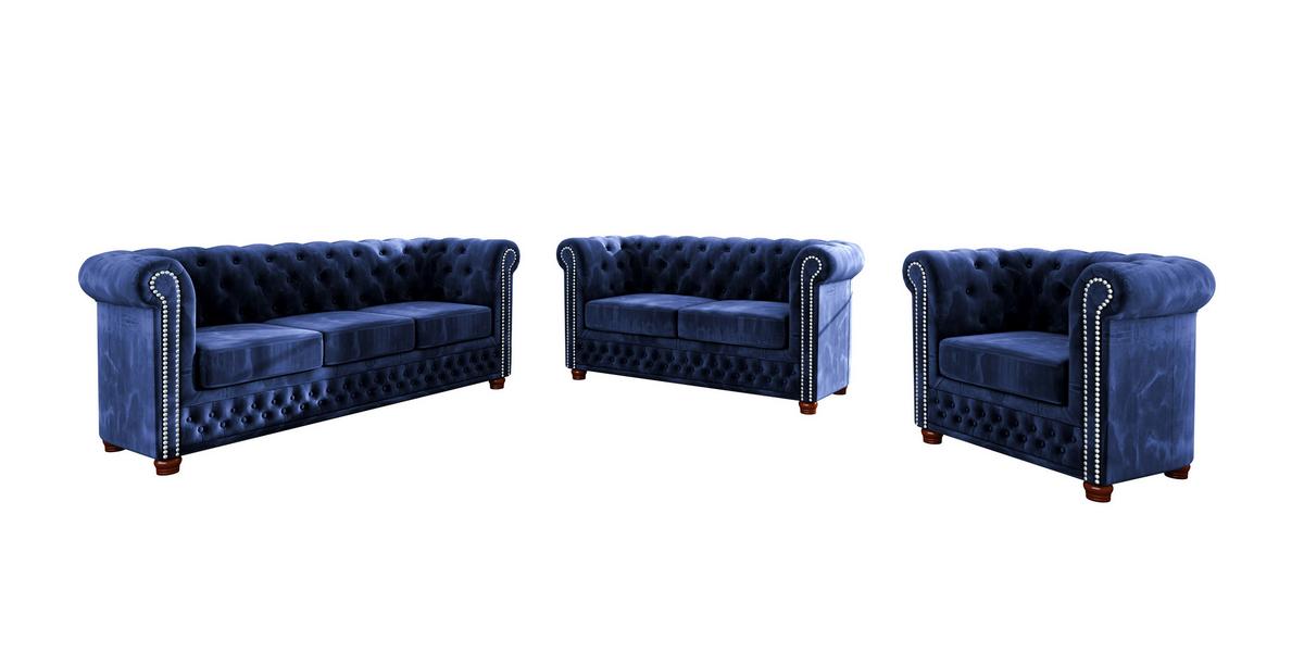 CHESTERFIELD-SOFA 2-sitzer Lauren Marineblau Samt - Dunkelblau/Braun, Holz/Textil (148/72/86cm) - S-Style Möbel