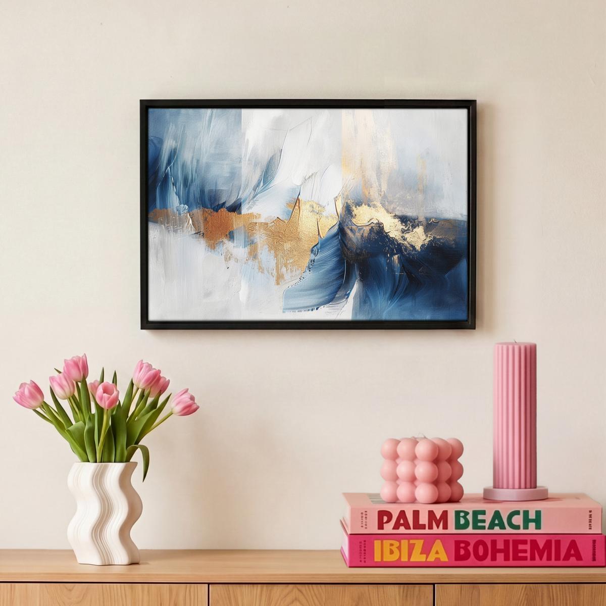LEINWAND Bilder mit Rahmen - Gold - Blau - Aquarell - Kunst - Modern - 30x20 - Hellblau, Textil (30/20cm) - MuchoWow