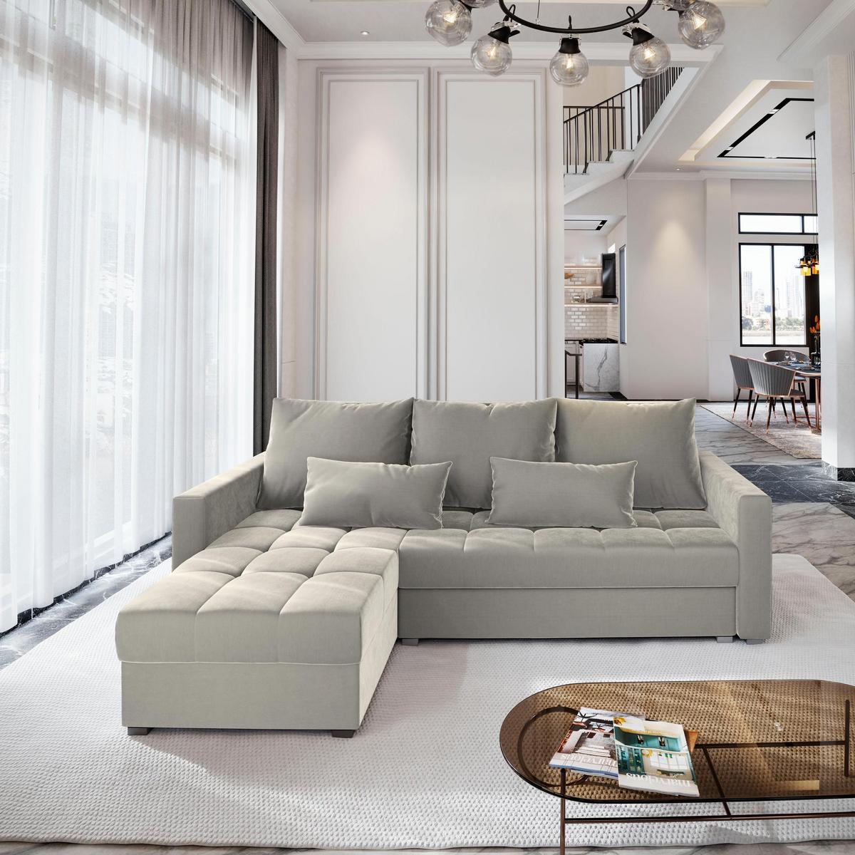 ECKSOFA KOS PIK Beige Plüsch-Stoff mit Schlaffunktion - Beige/Grau, Holz/Kunststoff (220/140cm) - MASSENO