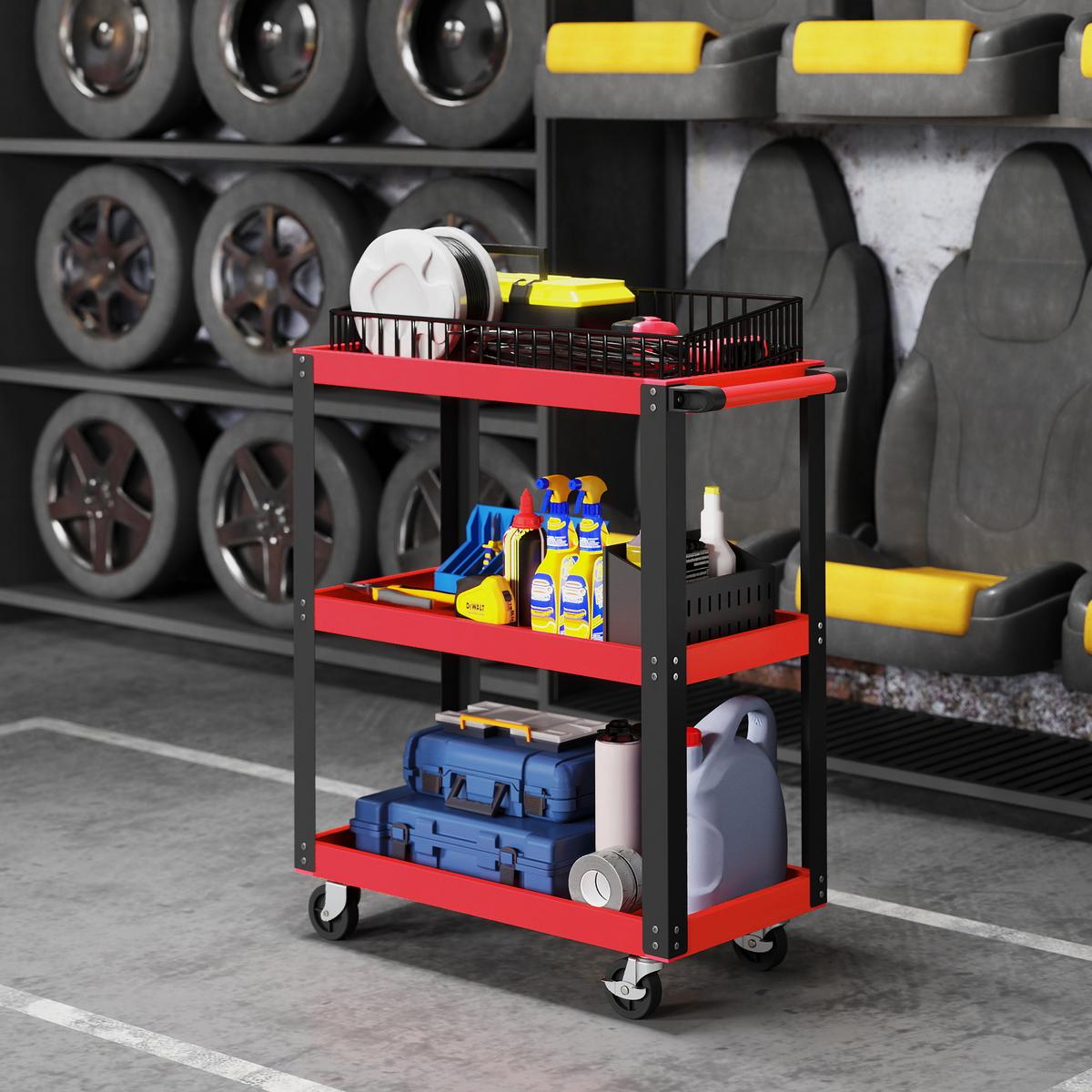 WERKSTATTWAGEN mit 3 Etagen Werkzeugwagen Transportwagen mit Griff - Rot, Metall (35/82.5/70.5cm) - HOMCOM