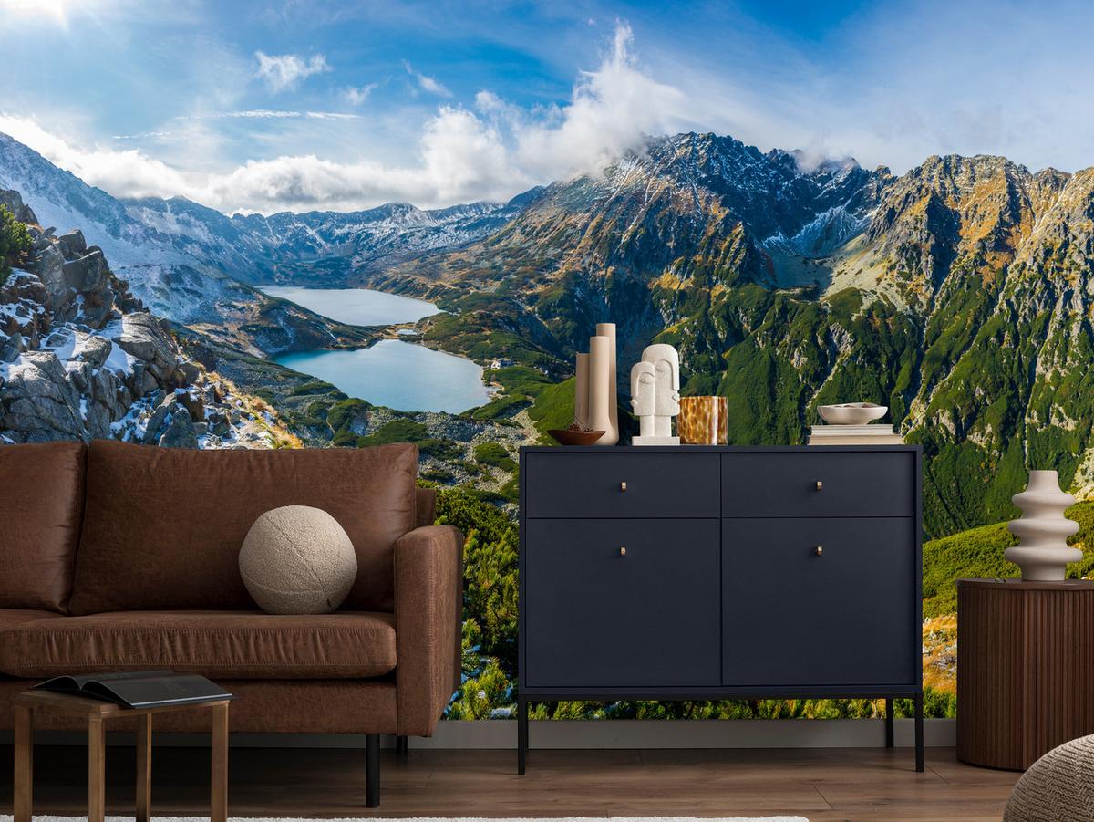 FOTOTAPETE für Wohnzimmer Tal der Fünf Polnischen Seen Gebirge 200x140 - Blau/Gelb, Papier (200/140cm) - Muralo