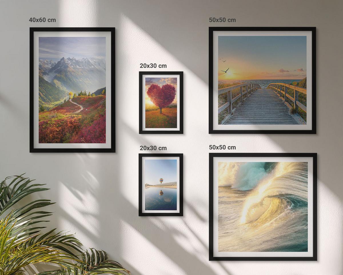 BILDER SET 5er Set - 50x50 cm & 20x30 cm & 40x60 cm Schwarzer Rahmen - Landschaften Berge Wellen Baum Herz Pier - Schwarz, Kunststoff (40/60cm) - TULUP