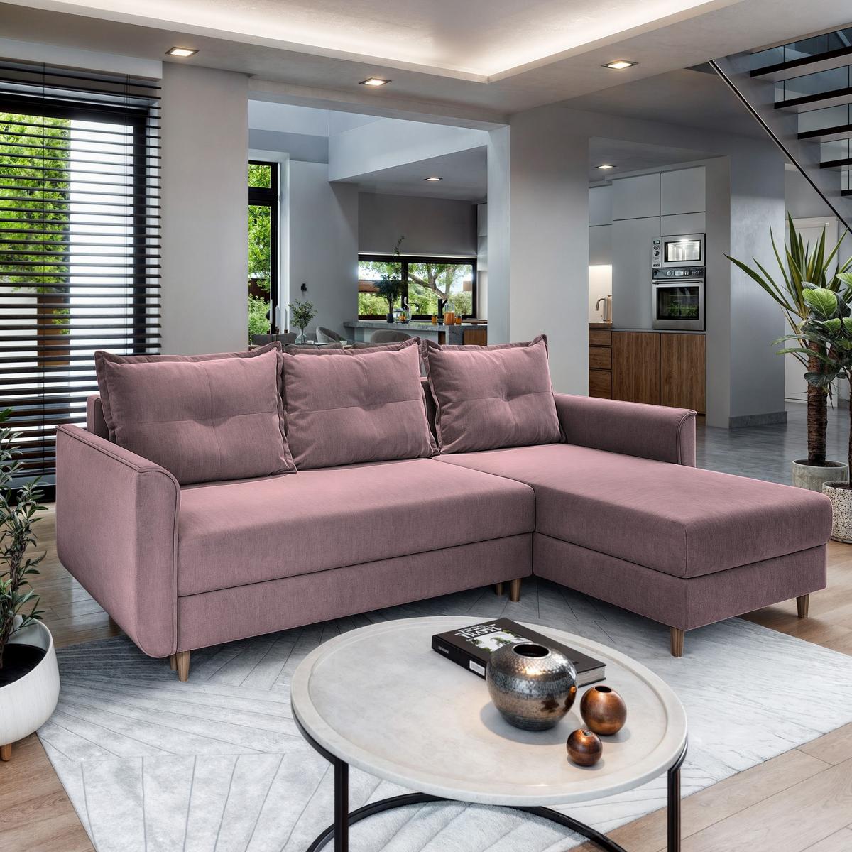 ECKSOFA PISAN R-S Rosa Plüsch-Stoff mit Schlaffunktion - Rosa/Braun, Holz/Textil (220/140cm) - MASSENO