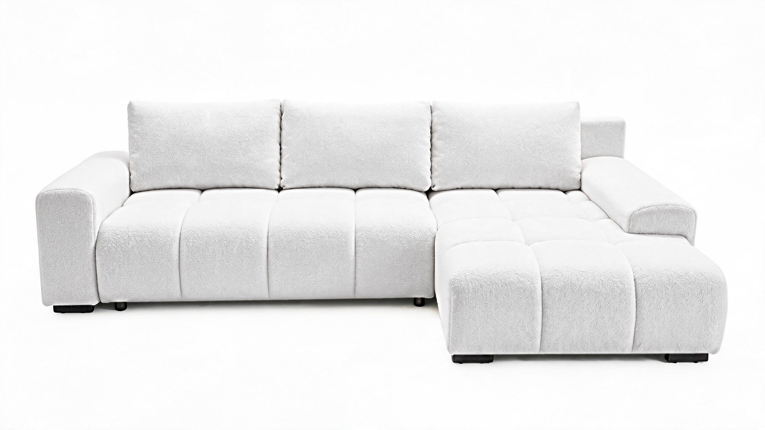 ECKSOFA Ovia mit Bettkasten und Schlaffunktion, Bouclé-Stoff in L-Form - Weiß, Textil (270/185cm)