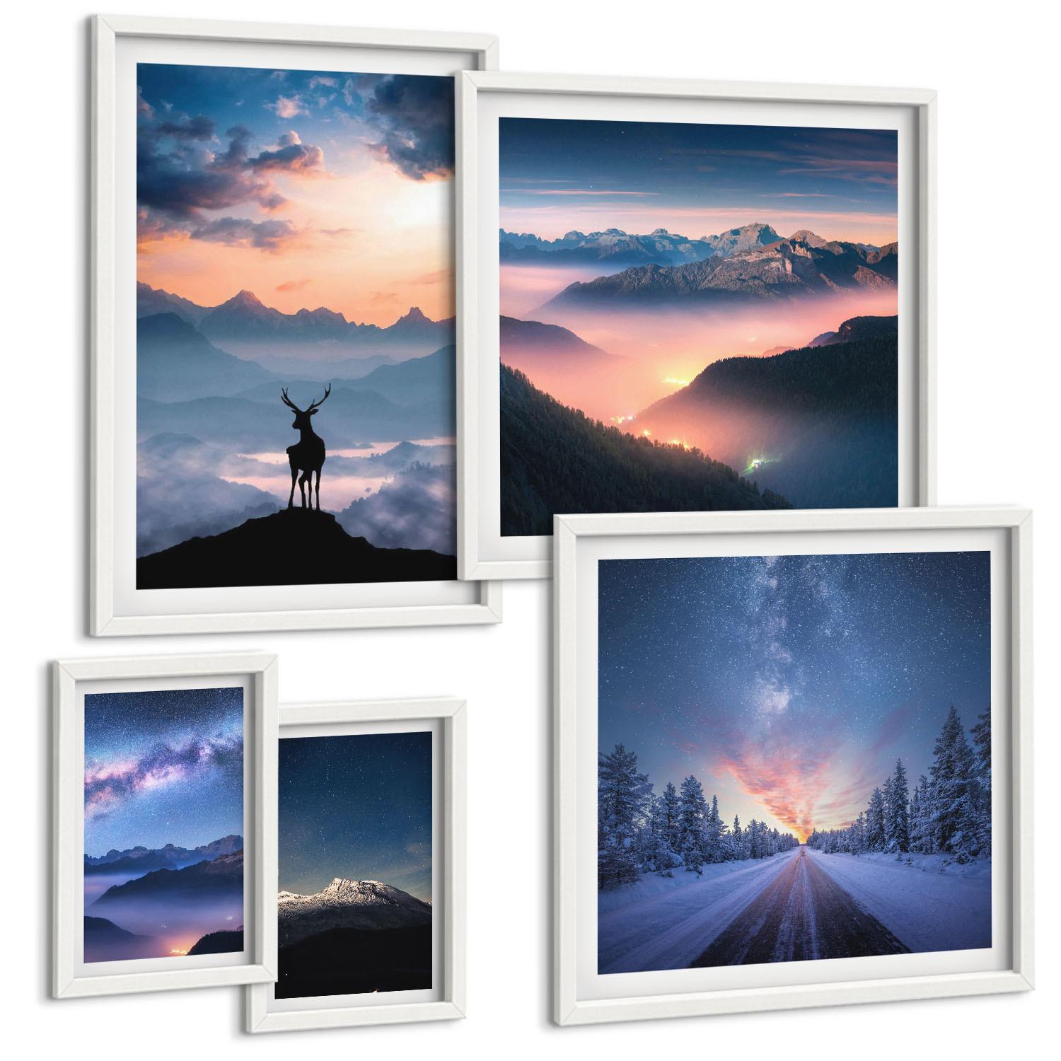 BILDER SET 5er Set - 50x50 cm & 20x30 cm & 40x60 cm Weißer Rahmen - Nachthimmel Berge Nebel Hirsch - Weiß, Kunststoff (40/60cm) - TULUP