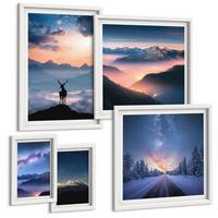 BILDER SET 5er Set - 50x50 cm & 20x30 cm & 40x60 cm Weißer Rahmen - Nachthimmel Berge Nebel Hirsch - Weiß, Kunststoff (40/60cm) - TULUP