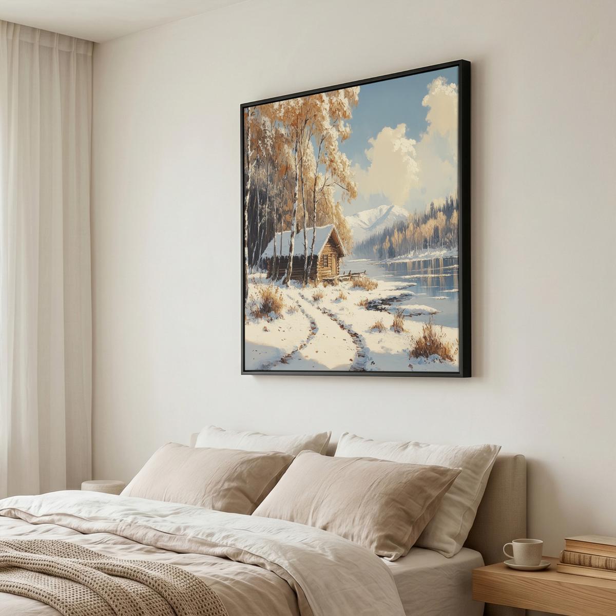 LEINWAND Bilder mit Rahmen - Winter - Schnee - Zuhause - Natur - 90x90 - Hellbraun, Textil (90/90cm) - MuchoWow