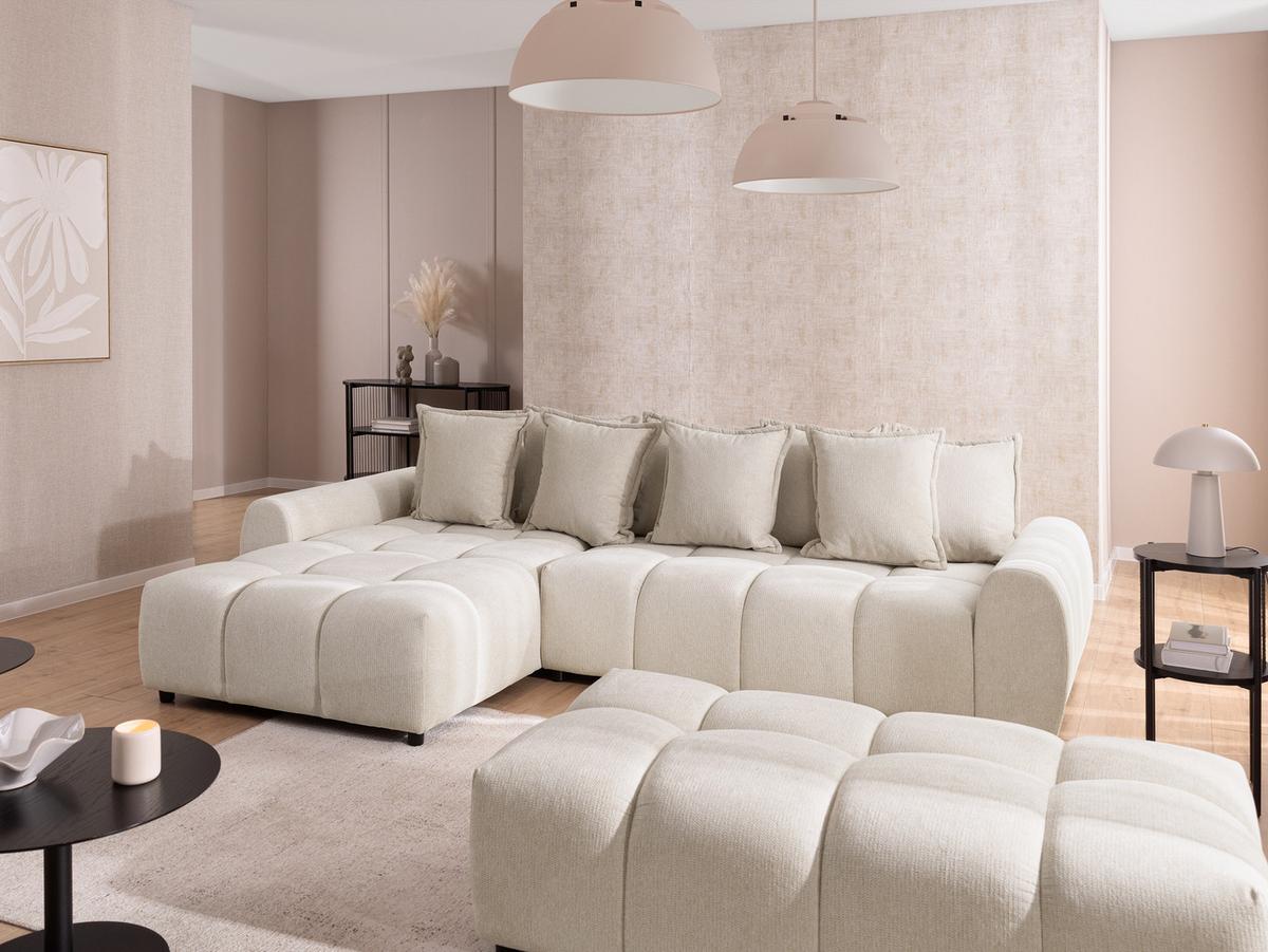 ECKSOFA inkl. Hocker Bubble mit Schlaffunktion und losen Rückenkissen, Sitzfläche in Bubble-Optik aus weichem Hellbeige Strukturstoff - Ottomane Links - Beige/Schwarz, Holz/Kunststoff (180/306cm) - S-Style Möbel
