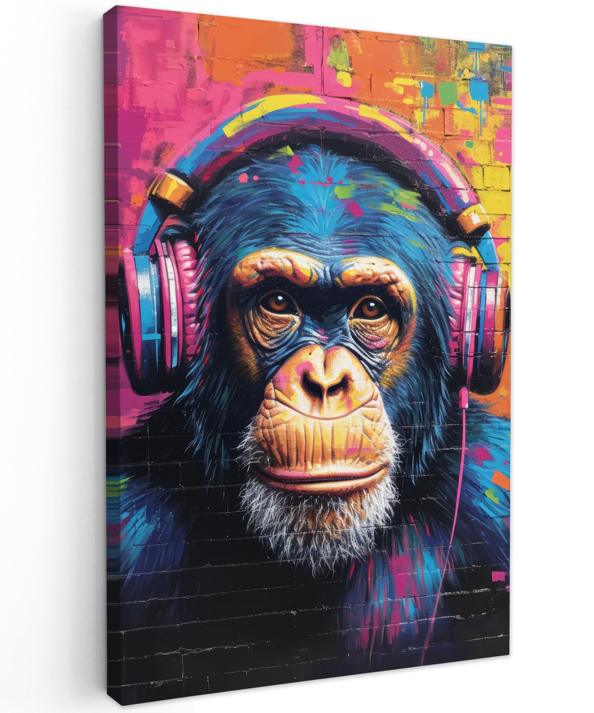 LEINWANDBILD Graffiti - Schimpanse - Straßenkunst - Kopfhörer - Affe Deko Groß 90x140 cm - Blau, Textil (90/140cm) - MuchoWow