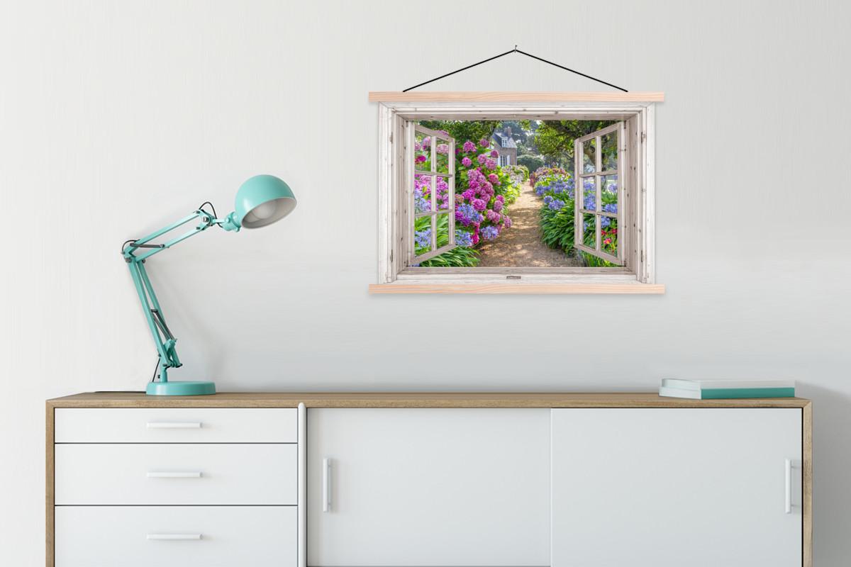 POSTER MIT MAGNETLEISTEN Hortensie - Durchsichtig - Blumen - Sommer - Lila - Weg Wanddeko 90x60 cm - Lila, Textil (90/60/0.15cm) - MuchoWow