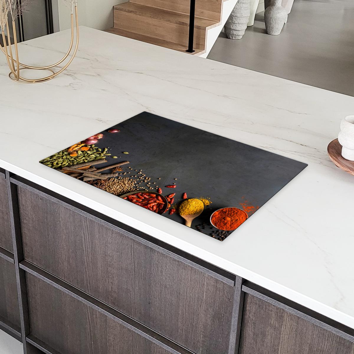 HERDABDECKPLATTE Kräuter - Lebensmittel - Gewürze - Schwarz - Paprika - Zimt Ceranfeldabdeckung 76x51.5 cm - Currygelb, Kunststoff (76/51.5/0.2cm) - MuchoWow