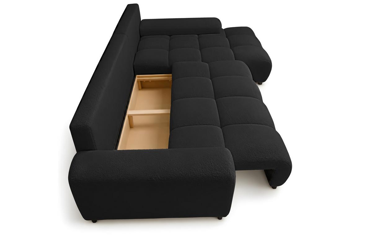 ECKSOFA Ovia mit Bettkasten und Schlaffunktion, Bouclé-Stoff in L-Form - Schwarz, Textil (270/185cm)
