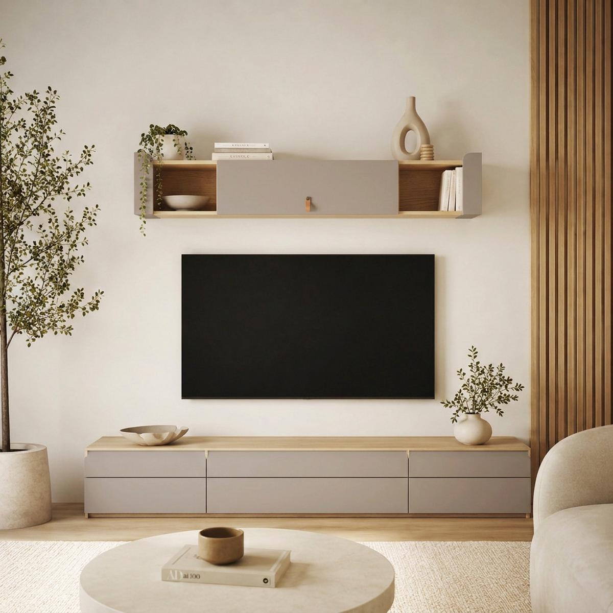 WANDREGAL Sorella mit Klapptür und 2 offenen Regalböden, 180 cm, Porcini + Eiche Mavelie - Eichefarben/Cappuccino, Leder/Holzwerkstoff (180/33/27cm) - Beautysofa