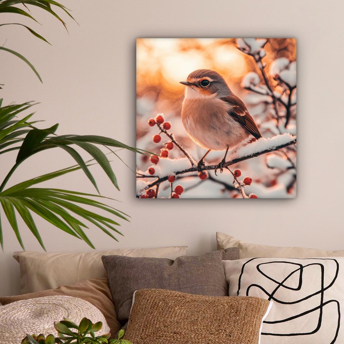 LEINWANDBILD Vogel - Zweig - Winter - Tiere - Schnee Wandbild Wohnzimmer 50x50 cm - Bernsteinfarben, Textil (50/50cm) - MuchoWow