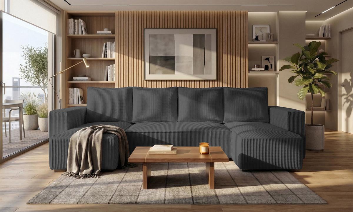 WOHNLANDSCHAFT CUDDY U mit Schlaffunktion und Bettkasten, Farbe: Dunkelgrau, Cordstoff - Dunkelgrau, Textil (305/85/140cm) - Storez24