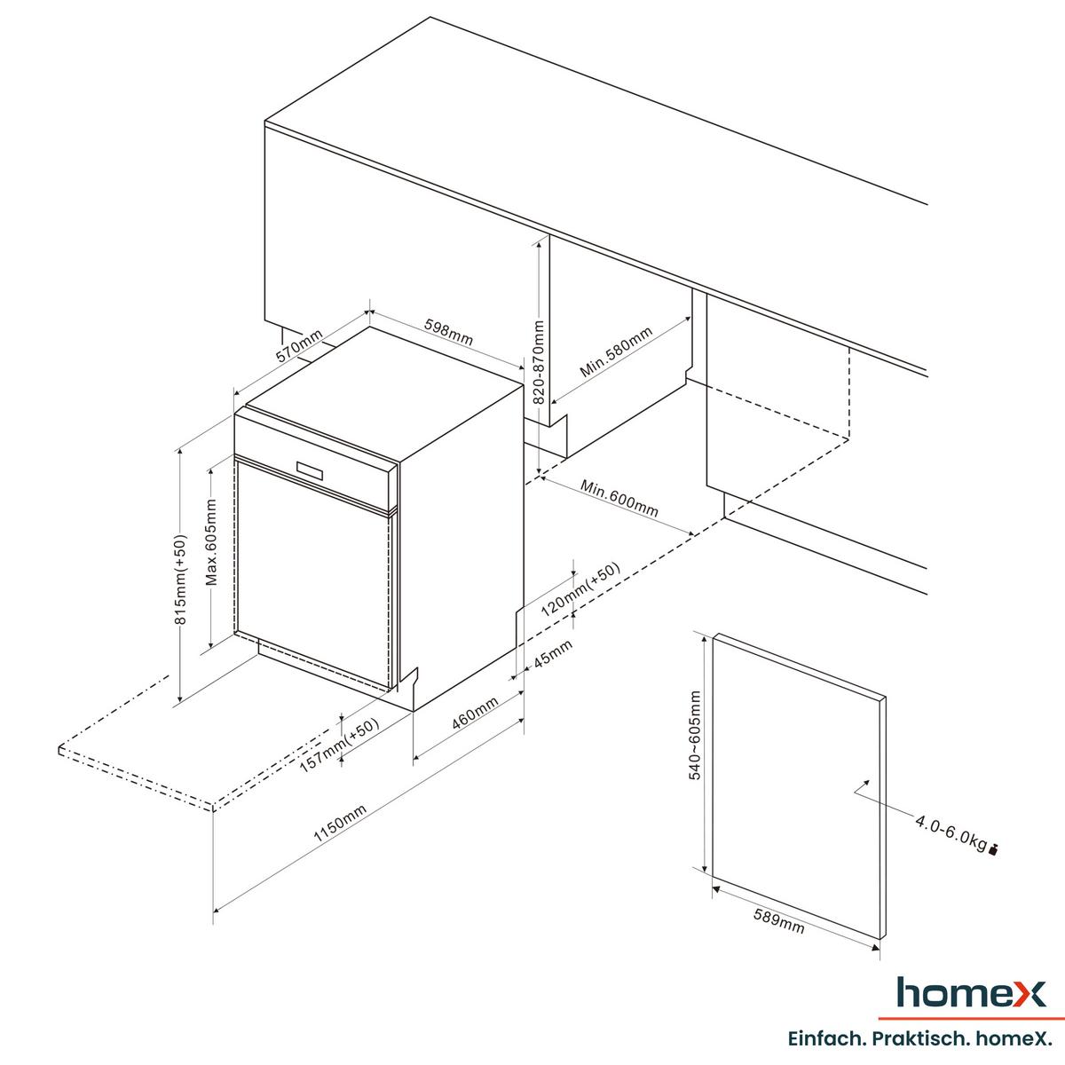 GESCHIRRSPÜLER teilintegrierbar 60 cm, Einbau Spülmaschine - 14 Maßgedecke, 7 Programme, AquaStop, 44 dB - Silberfarben, Kunststoff/Metall (59.8/81.5/57cm) - homeX