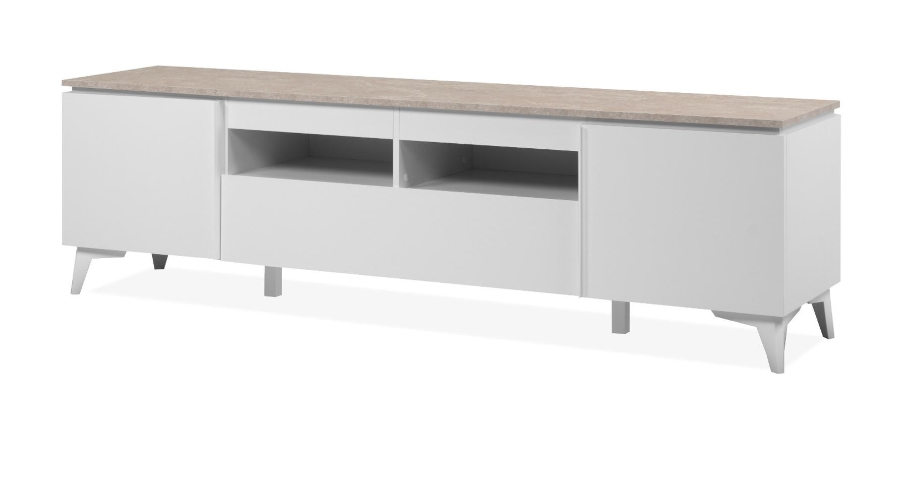 TV-LOWBOARD weiß, Sandstein 177 cm, TV-Unterteil mit 6 Fächern - Sandfarben/Weiß, Holzwerkstoff/Kunststoff (177/52/40cm) - Furn.Design