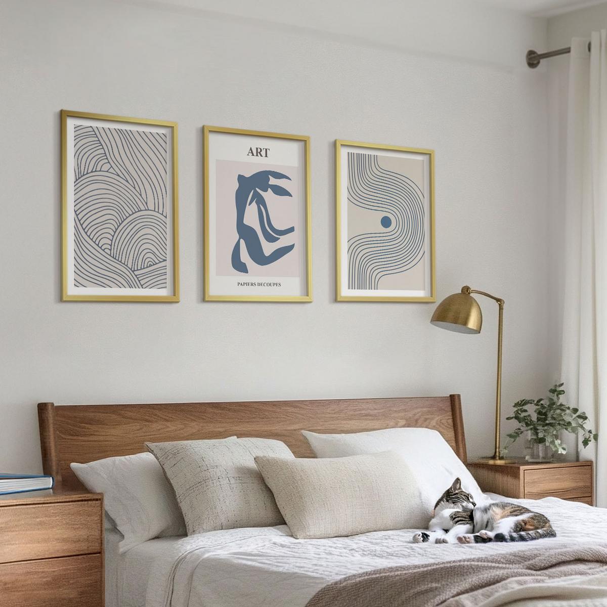 BILDER SET 3er Set - 40x60 cm Goldrahmen - Abstrakte blaue Linien - Goldfarben, Kunststoff (40/60cm) - TULUP