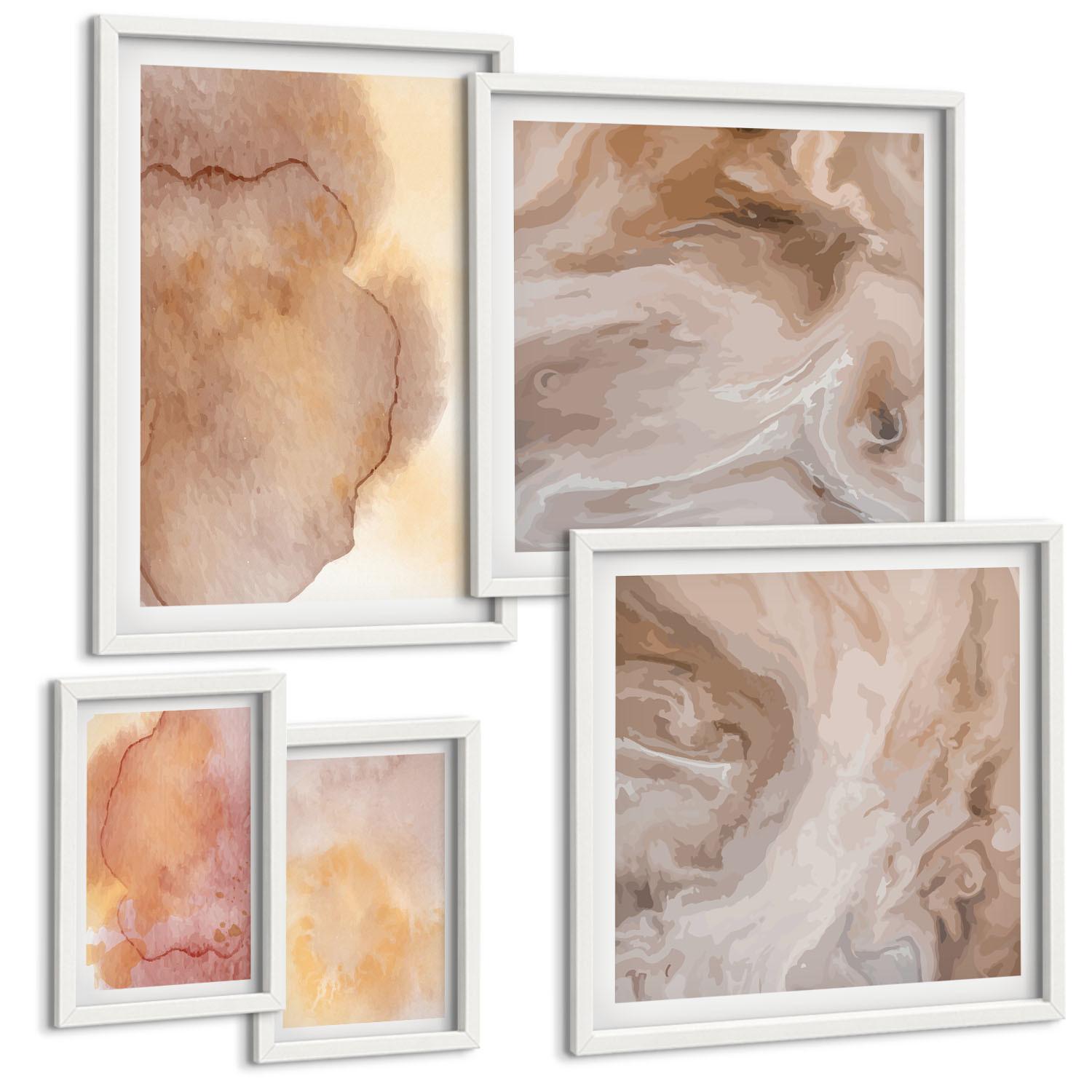 BILDER SET 5er Set - 50x50 cm & 20x30 cm & 40x60 cm Weißer Rahmen - Warme Aquarellfarben auf Leinwand - Weiß, Kunststoff (40/60cm) - TULUP