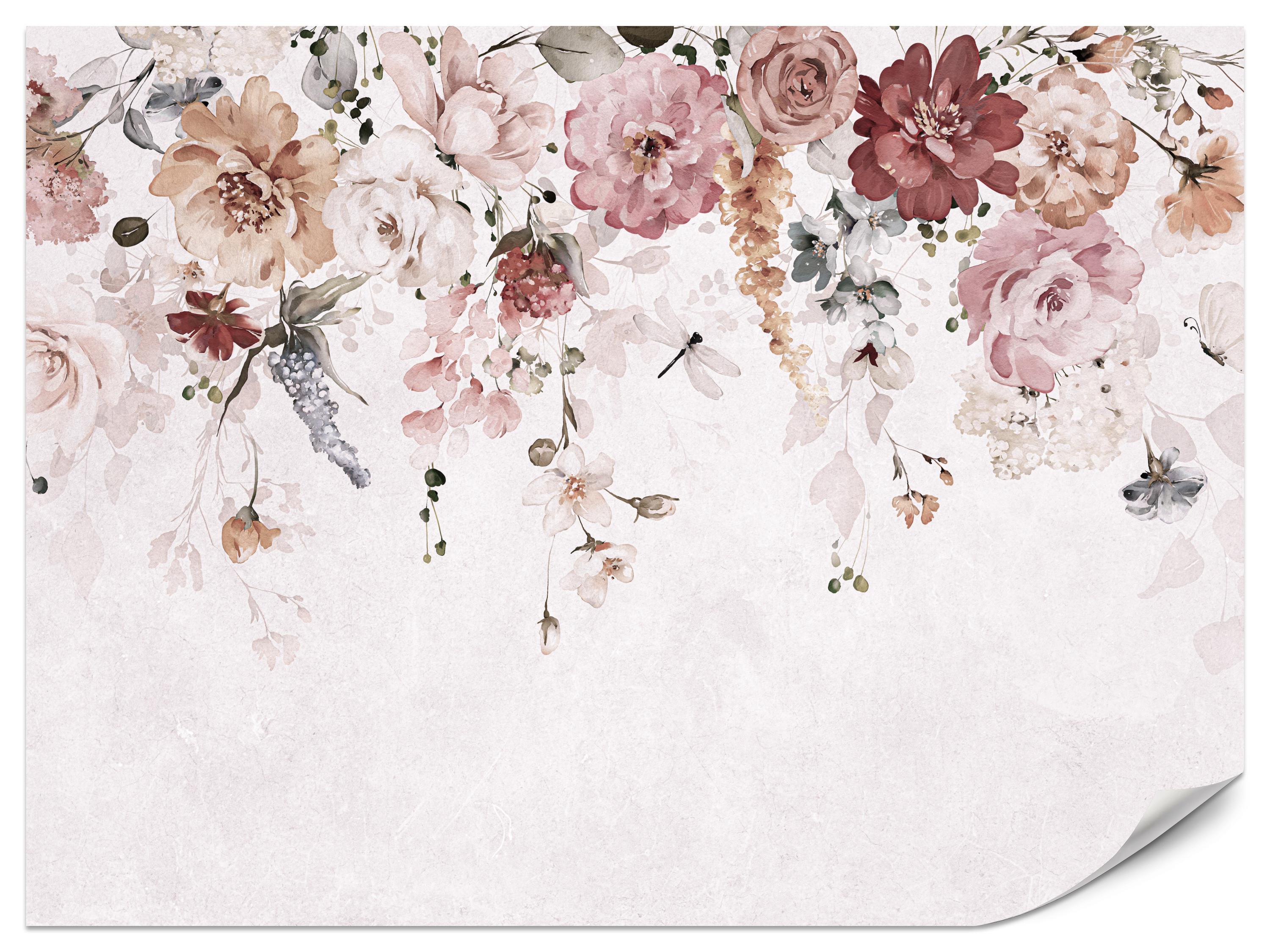 FOTOTAPETE für Schlafzimmer Aquarell Bunte Blumen Ranken Blätter 450x315 - Rot/Rosa, Papier (450/315cm) - Muralo
