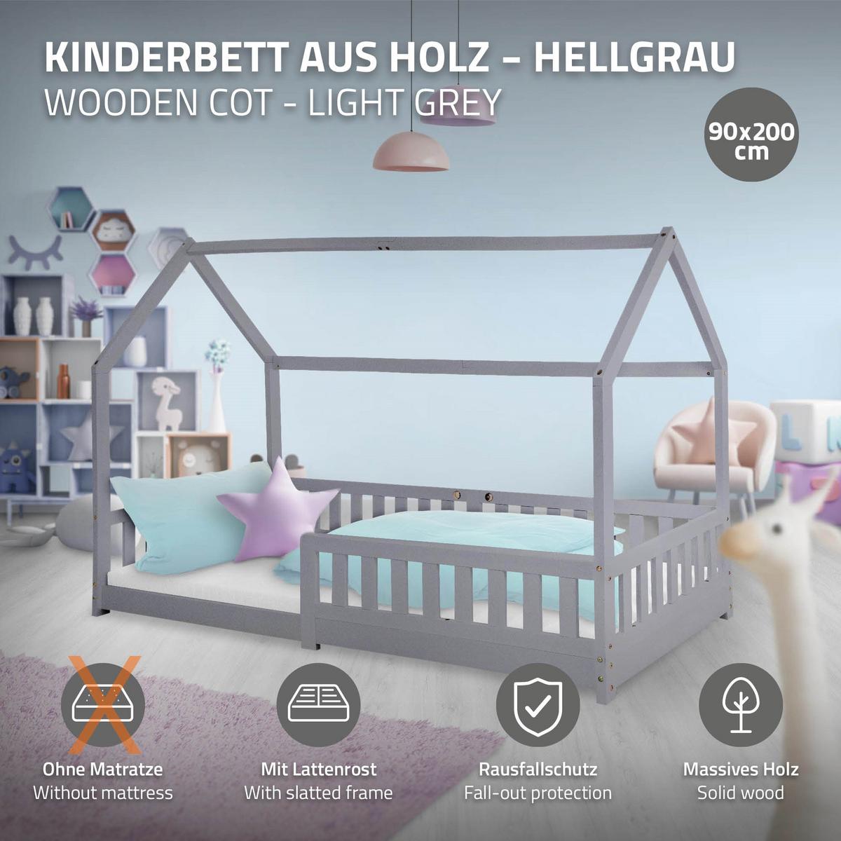 KINDERBETT mit Dach 90x200 cm Hellgrau - Hellgrau, Holz (90/200cm) - ML-DESIGN