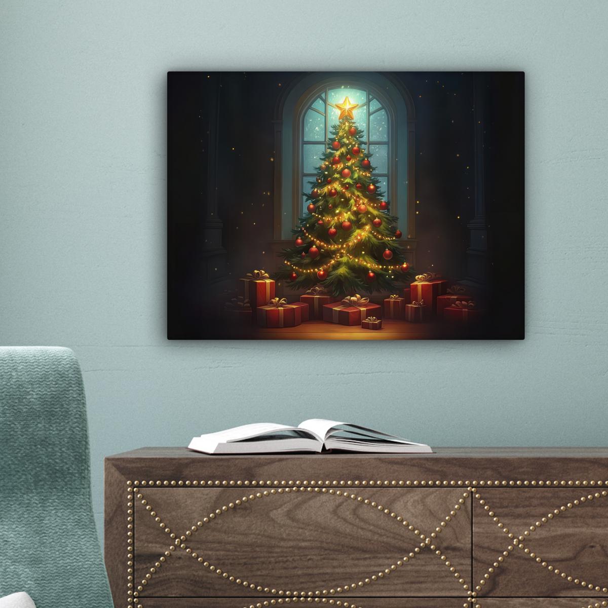 LEINWANDBILD Weihnachtsbaum - Geschenk - Winter Wandbild 40x30 cm - Grün, Textil (40/30cm) - MuchoWow