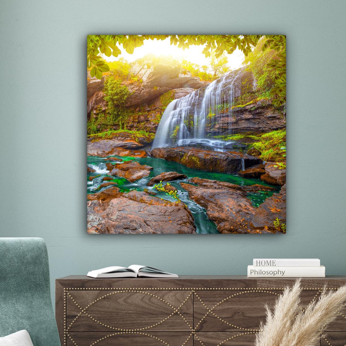 LEINWANDBILD Natur - Wasserfall - Pflanzen - Bäume - Sonne Deko Groß 90x90 cm - Olivgrün, Textil (90/90cm) - MuchoWow