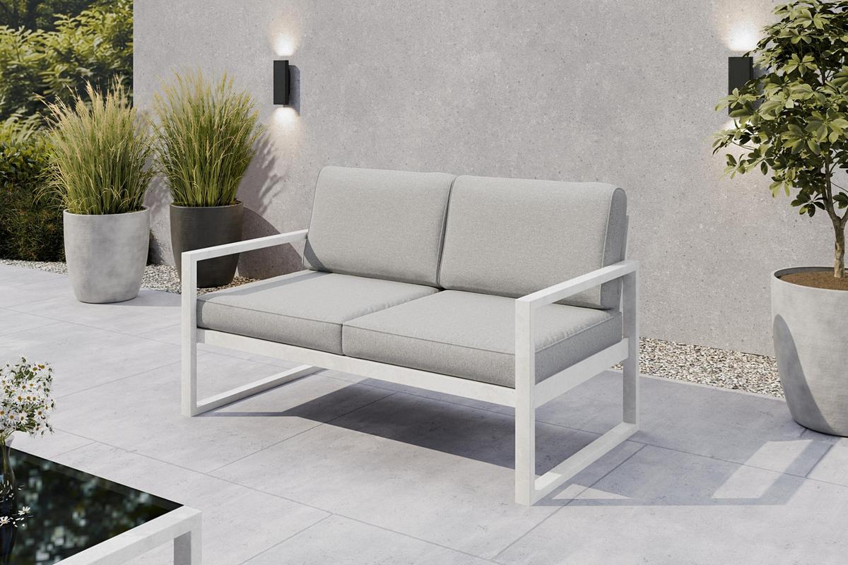 GARTENBANK Bellano Outdoor 2-Sitzer Polster-Loungebank, Stahlgestell Weiß, Hellgrau 76/146/80 cm - Grau, Textil (146/86/80cm) - WFL GROUP