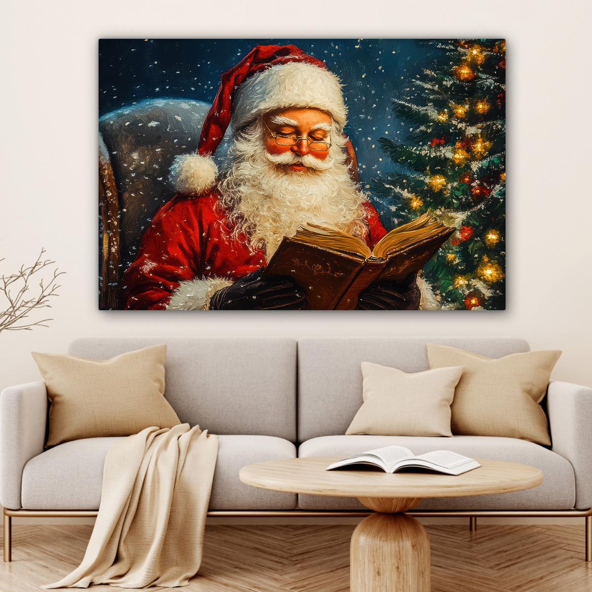 LEINWANDBILD Weihnachtsmann - Weihnachten - Winter - Weihnachtsbaum Wohnzimmer Groß 120x80 cm - Bordeaux, Textil (120/80cm) - MuchoWow