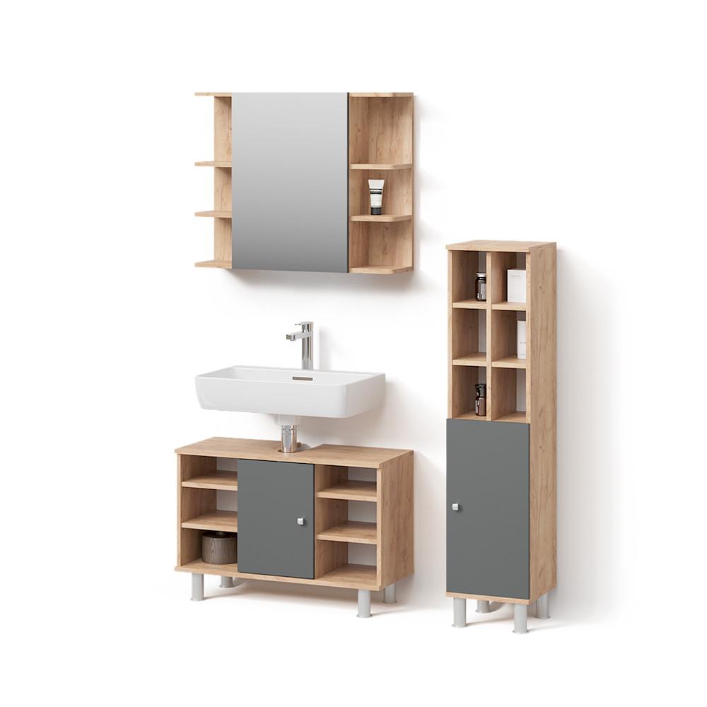 BADMÖBEL-SET Fucino Eiche 3 Teile, mit Midischrank Tür groß - Eichefarben, Holzwerkstoff (80/54/32cm) - Livinity®