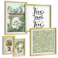 BILDER SET 5er Set - 50x50 cm & 20x30 cm & 40x60 cm Goldrahmen - Grüne Blätter exotischer Pflanzen - Goldfarben, Kunststoff (40/60cm) - TULUP