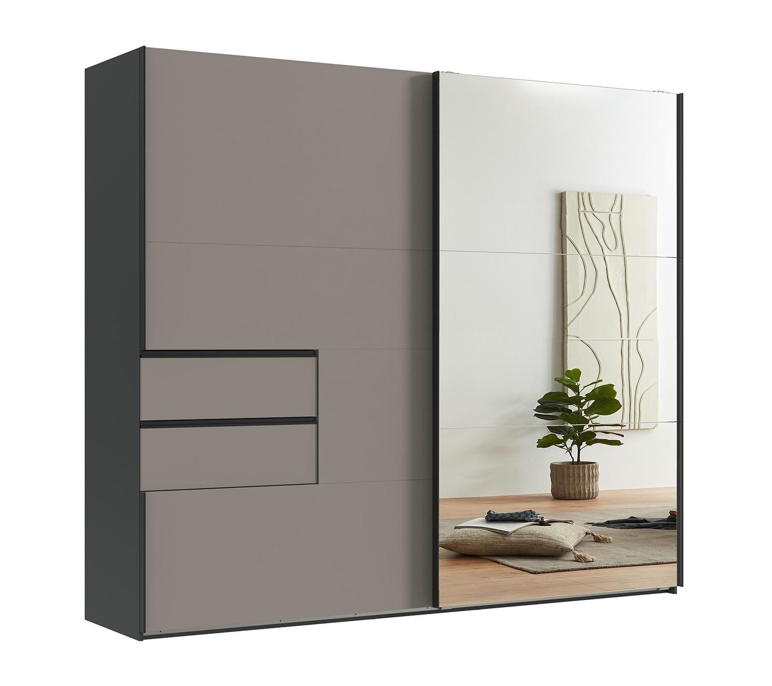 SCHWEBETÜRENSCHRANK 2-türig B250/H216/T65 cm, Korpus Grafit, Türen & Schubladen Sandgrau / Spiegel, Kleiderschrank inkl. Vollausstattung / 22053 - Sandfarben/Bordeaux, Holzwerkstoff/Metall (250/216/65cm) - luma-home