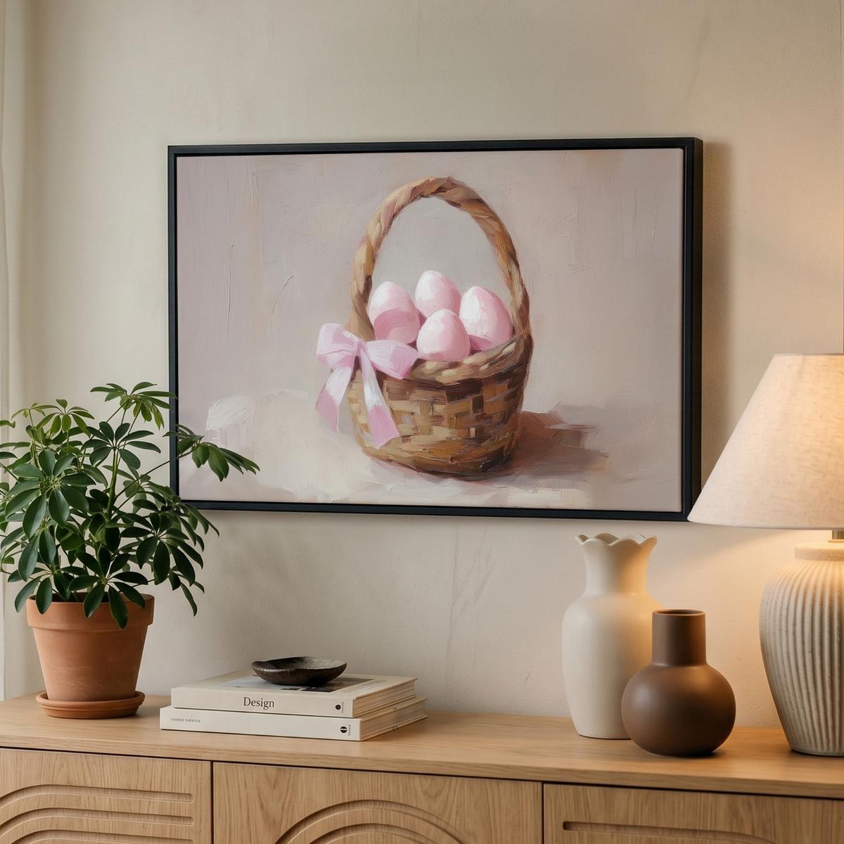 LEINWAND Bilder mit Rahmen - Korb - Eier - Rosa - 60x40 - Beige, Textil (60/40cm) - MuchoWow